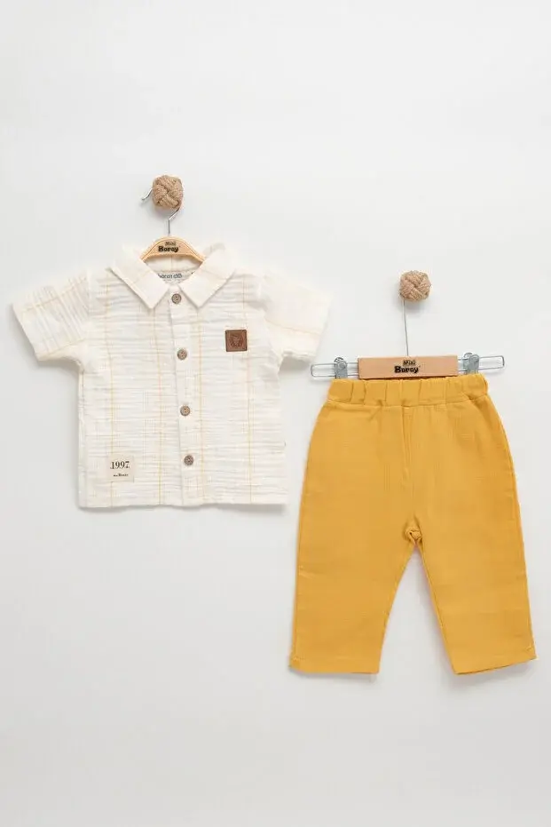 Çizgili Gömlekli ve Pantolon Erkek Bebek Sarı Yazlık Müslin Takım (9-12-18-24 Ay )Seri - 1063-Sarı