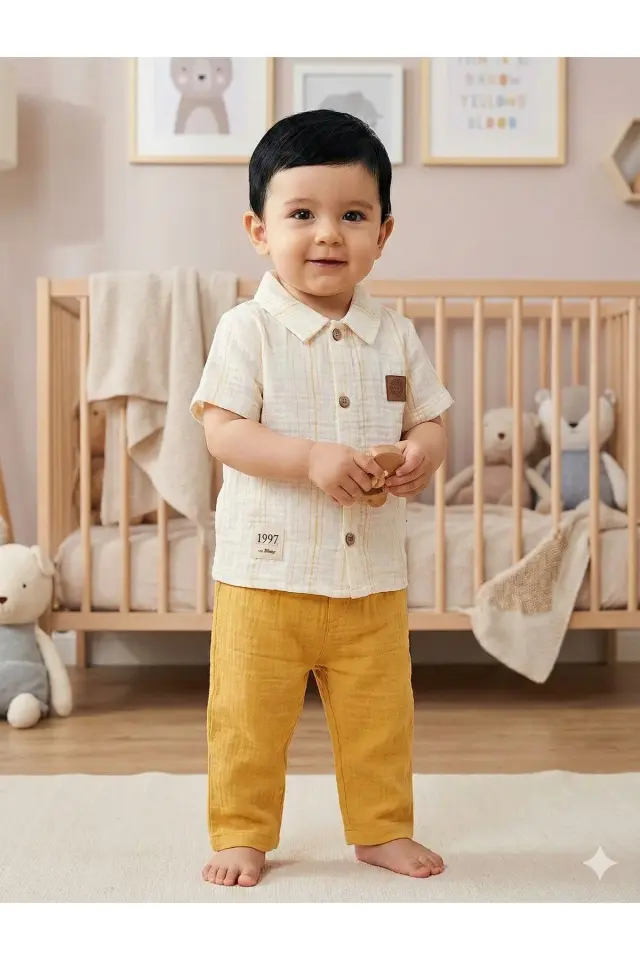 Çizgili Gömlekli ve Pantolon Erkek Bebek Sarı Yazlık Müslin Takım (9-12-18-24 Ay )Seri - 1063-Sarı