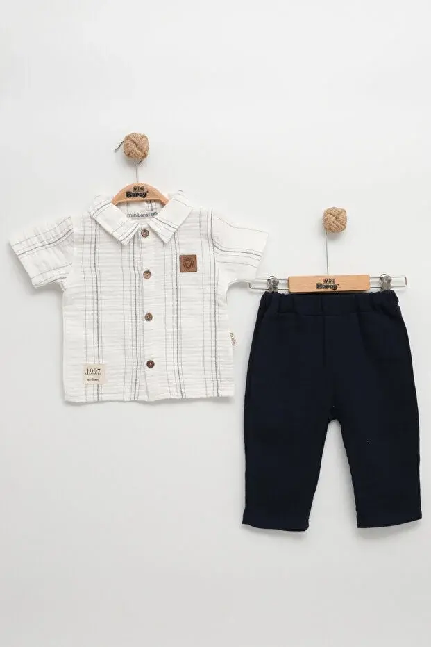 Çizgili Gömlekli ve Pantolon Erkek Bebek Siyah Yazlık Müslin Takım (9-12-18-24 Ay )Seri - 1063-Siyah