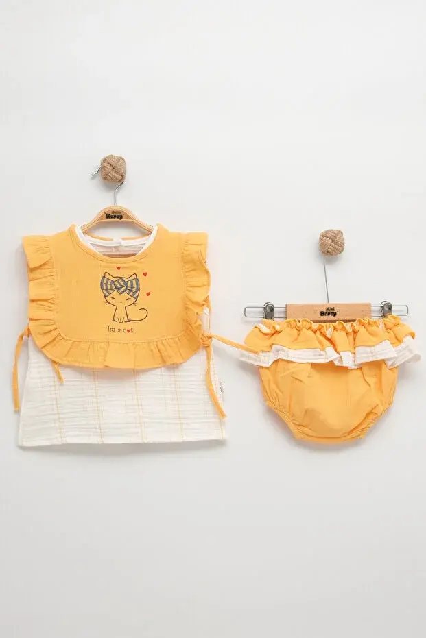 Kilotlu Bolerolu Müslin Kız Yazlık Takım 9-12-18 Ay Seri -985-Sarı