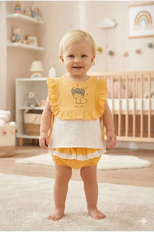 Kilotlu Bolerolu Müslin Kız Yazlık Takım 9-12-18 Ay Seri -985-Sarı