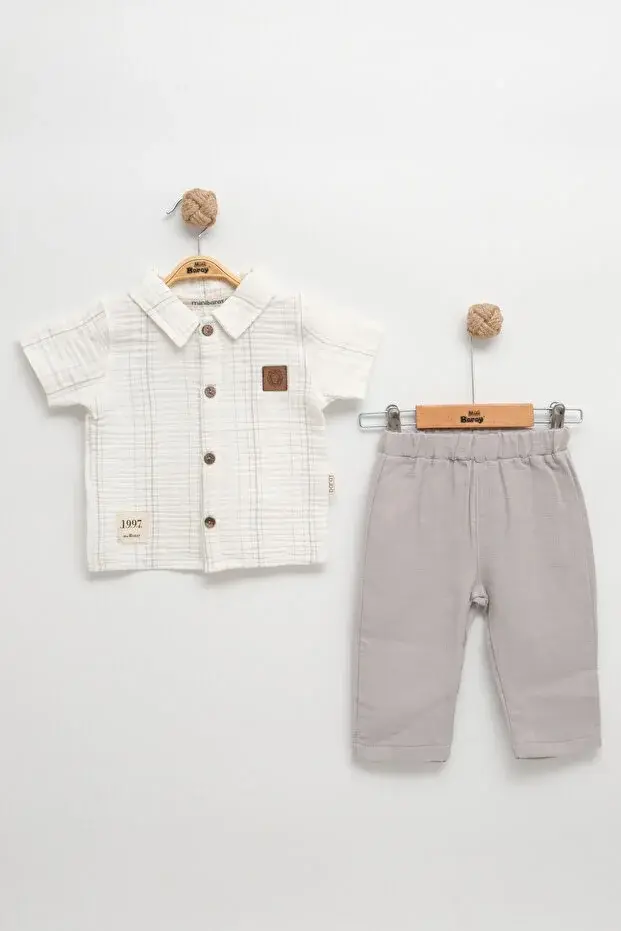 Çizgili Gömlekli ve Pantolon Erkek Bebek Gri Yazlık Müslin Takım (9-12-18-24 Ay )Seri - 1063-Gri