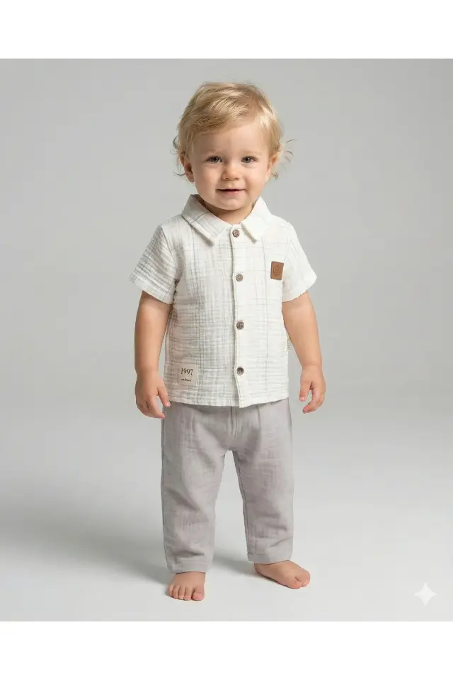 Çizgili Gömlekli ve Pantolon Erkek Bebek Gri Yazlık Müslin Takım (9-12-18-24 Ay )Seri - 1063-Gri