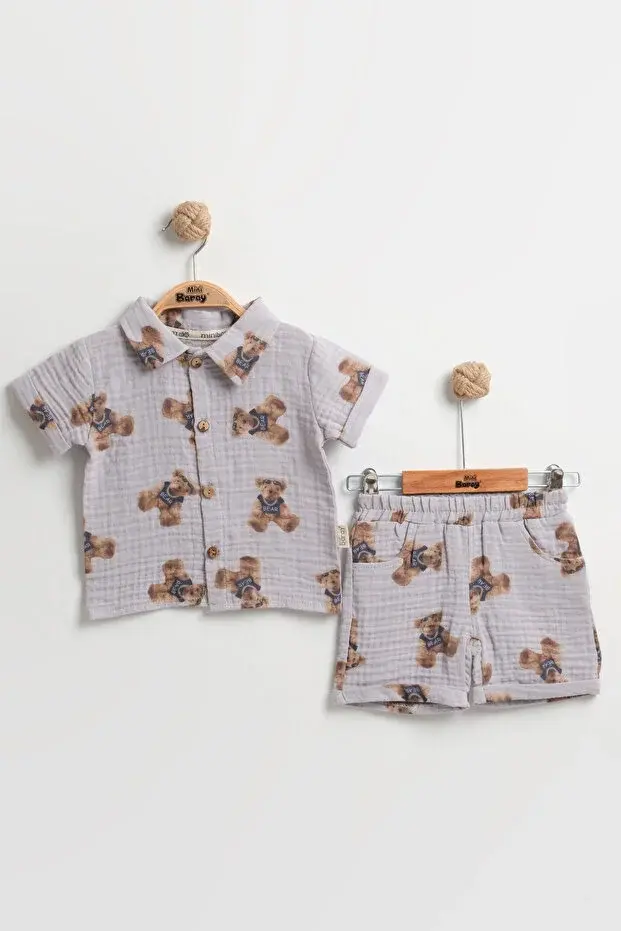 Sevimli Ayıcık Baskılı Erkek Bebek Şortlu Takım (9-12-18 Ay) - Organik Müslin Kumaş Seri - 995-Gri