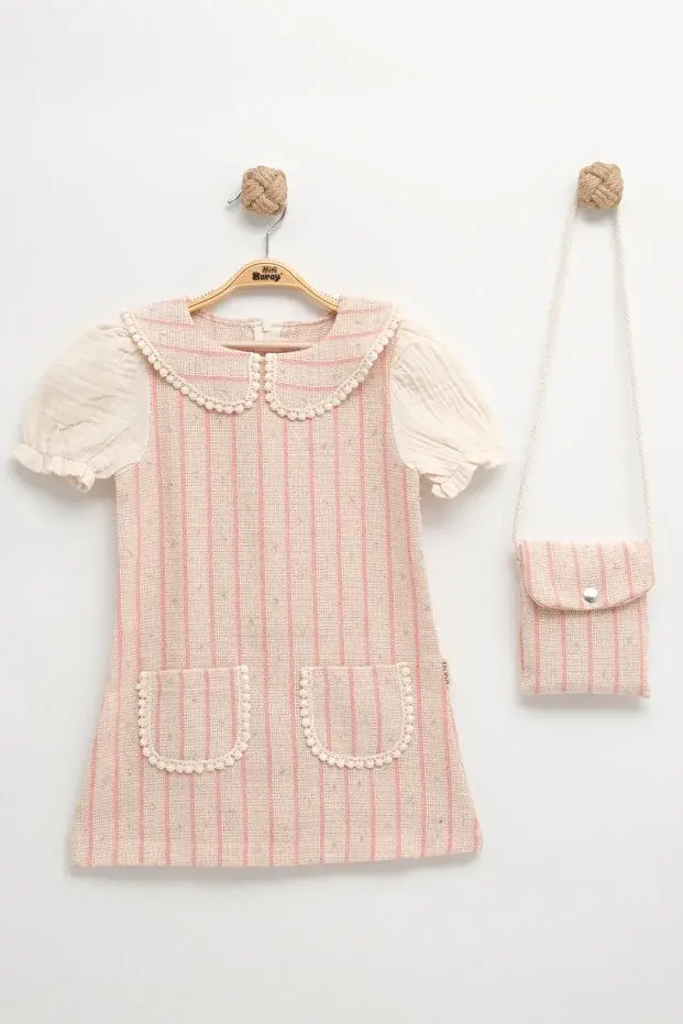 Çantalı Cepli Çizgili Yazlık Pamuklu Kız Elbise 2-3-4-5 Yaş Seri -1064-Pembe