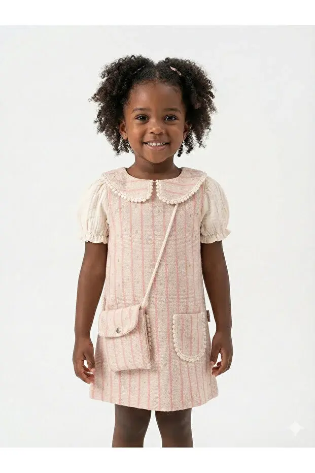 Çantalı Cepli Çizgili Yazlık Pamuklu Kız Elbise 2-3-4-5 Yaş Seri -1064-Pembe