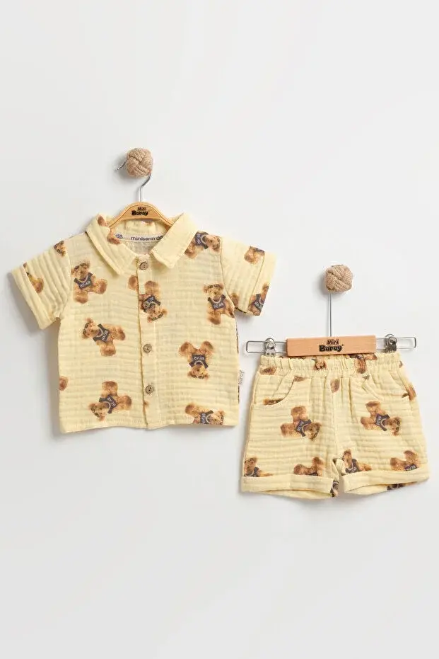 Sevimli Ayıcık Baskılı Erkek Bebek Şortlu Takım (9-12-18 Ay) - Organik Müslin Kumaş Seri - 995-Sarı