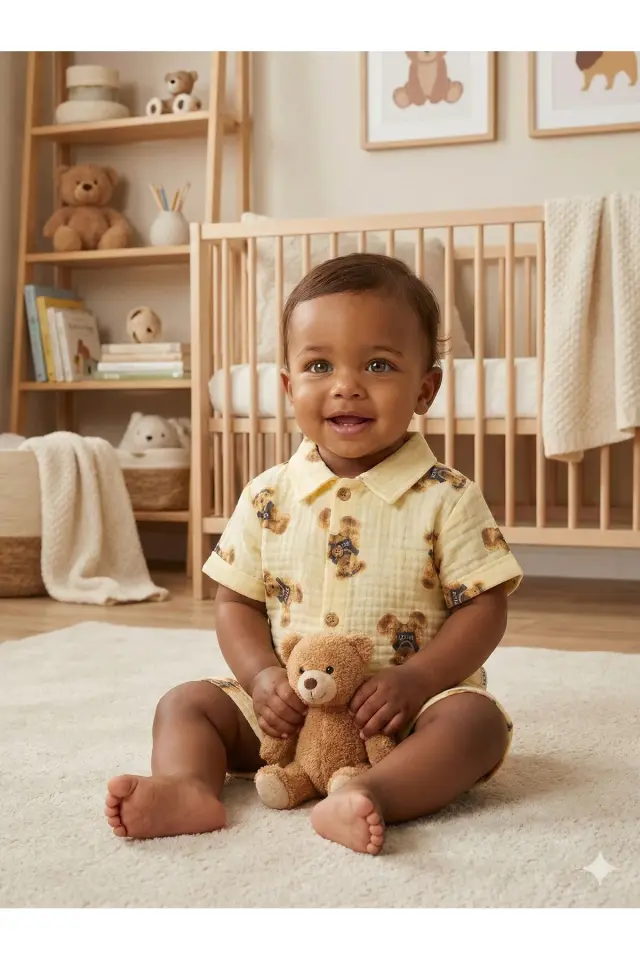 Sevimli Ayıcık Baskılı Erkek Bebek Şortlu Takım (9-12-18 Ay) - Organik Müslin Kumaş Seri - 995-Sarı