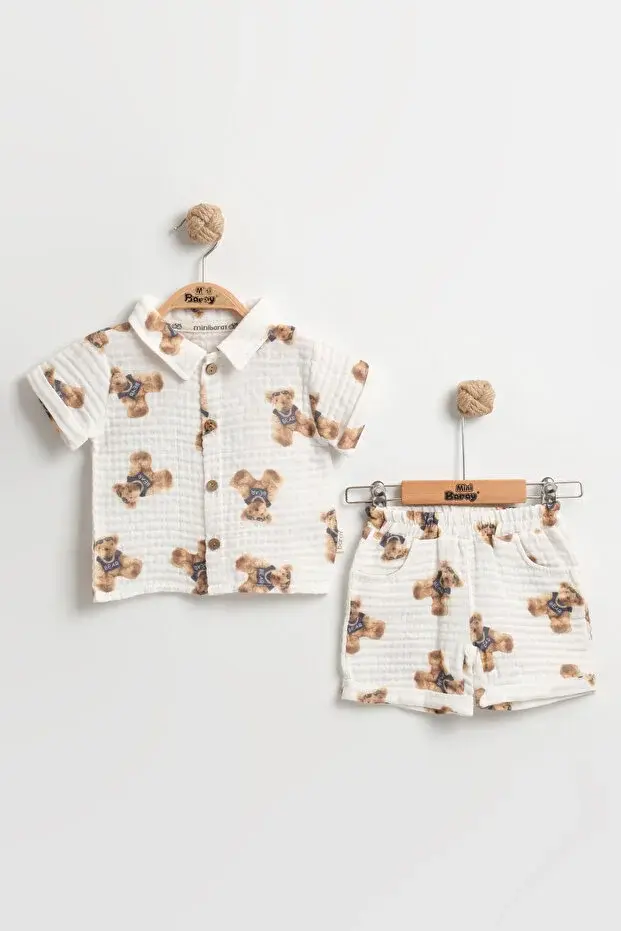 Sevimli Ayıcık Baskılı Erkek Bebek Şortlu Takım (9-12-18 Ay) - Organik Müslin Kumaş Seri - 995-Beyaz