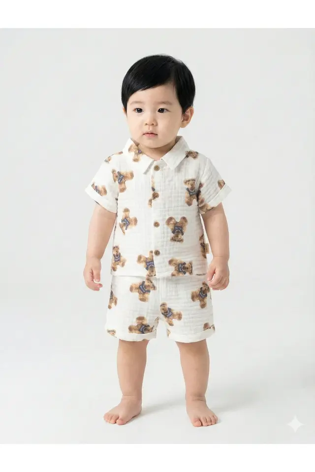 Sevimli Ayıcık Baskılı Erkek Bebek Şortlu Takım (9-12-18 Ay) - Organik Müslin Kumaş Seri - 995-Beyaz