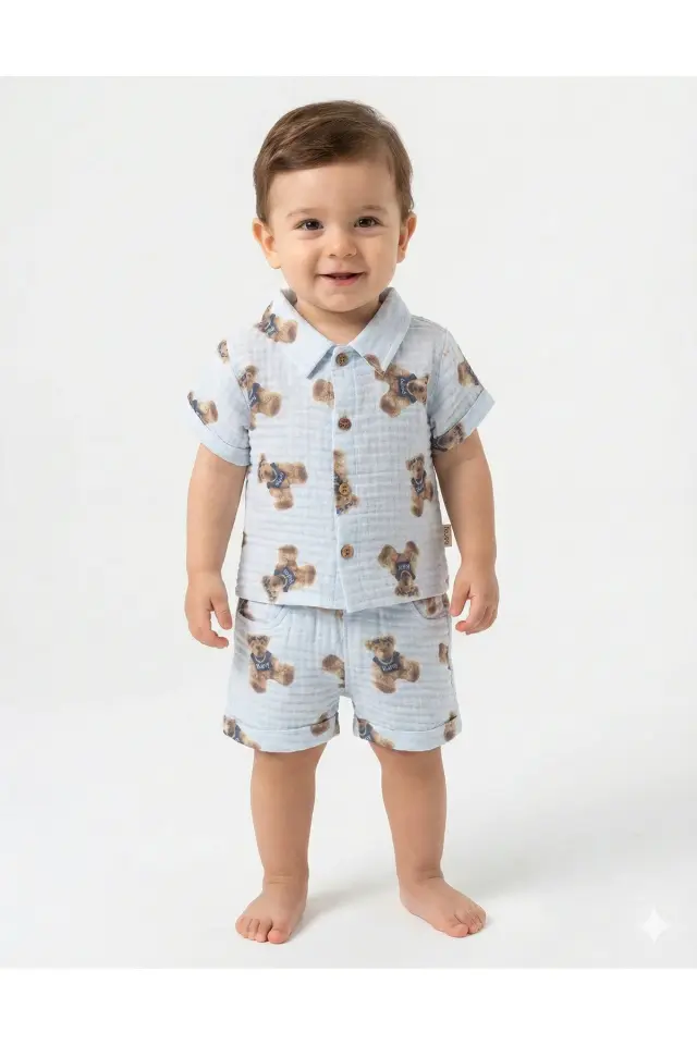 Sevimli Ayıcık Baskılı Erkek Bebek Şortlu Takım (9-12-18 Ay) - Organik Müslin Kumaş Seri - 995-Mavi