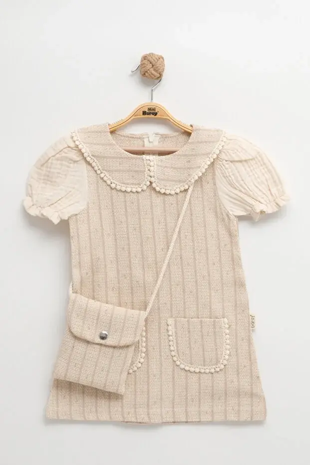 Çantalı Cepli Çizgili Yazlık Pamuklu Kız Elbise 2-3-4-5 Yaş Seri -1064-Bej