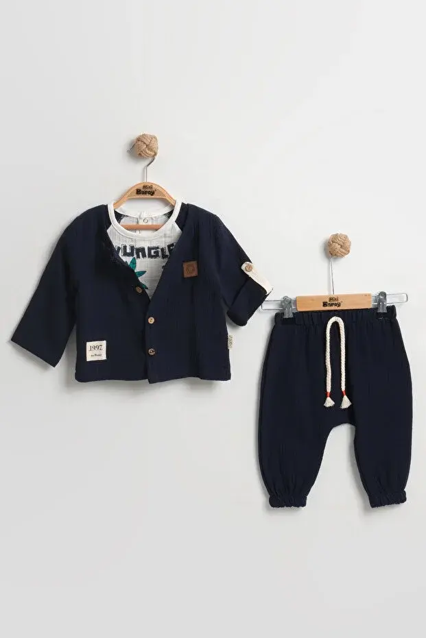 Zürafa Desenli 3'lü Erkek Bebek Takımı (9-12-18 Ay) - Uzun Kollu Gömlek+Tişört+Müslin Şort Set Seri - 989-Lacivert