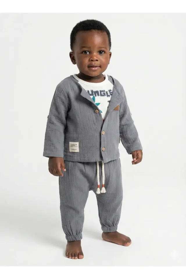 Zürafa Desenli 3'lü Erkek Bebek Takımı (9-12-18 Ay) - Uzun Kollu Gömlek+Tişört+Müslin Şort Set Seri - 989-Koyu Gri