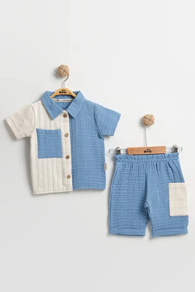 Cepli Gömlek+Şort Erkek Bebek Yazlık Takımı 9-12-18 Ay - Organik Müslin Kumaş  Seri -998-Mavi
