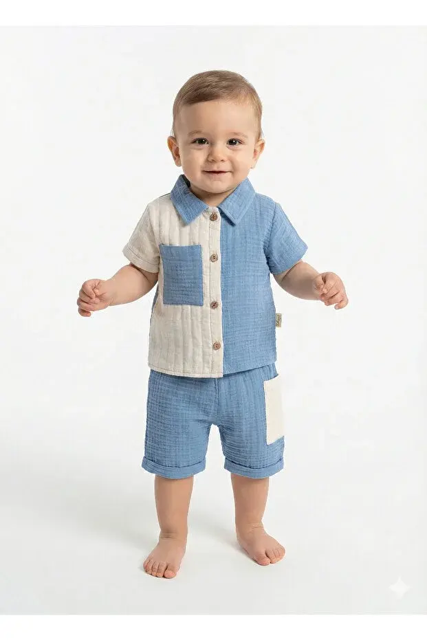Cepli Gömlek+Şort Erkek Bebek Yazlık Takımı 9-12-18 Ay - Organik Müslin Kumaş  Seri -998-Mavi