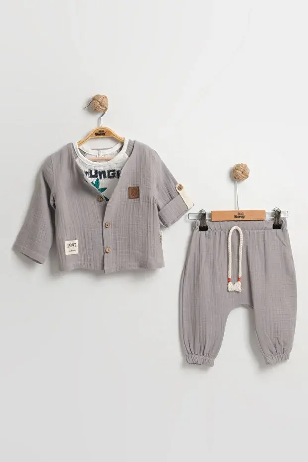 Zürafa Desenli 3'lü Erkek Bebek Takımı (9-12-18 Ay) - Uzun Kollu Gömlek+Tişört+Müslin Şort Set Seri - 989-Gri