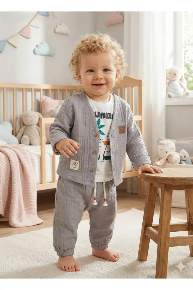 Zürafa Desenli 3'lü Erkek Bebek Takımı (9-12-18 Ay) - Uzun Kollu Gömlek+Tişört+Müslin Şort Set Seri - 989-Gri