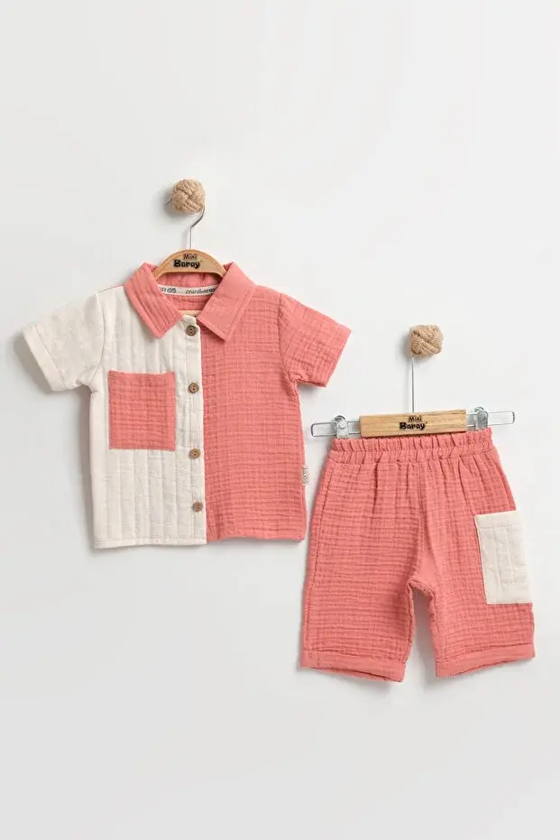 Cepli Gömlek+Şort Erkek Bebek Yazlık Takımı 9-12-18 Ay - Organik Müslin Kumaş  Seri -998-Pembe