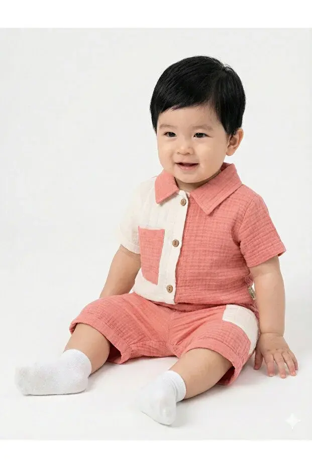 Cepli Gömlek+Şort Erkek Bebek Yazlık Takımı 9-12-18 Ay - Organik Müslin Kumaş  Seri -998-Pembe