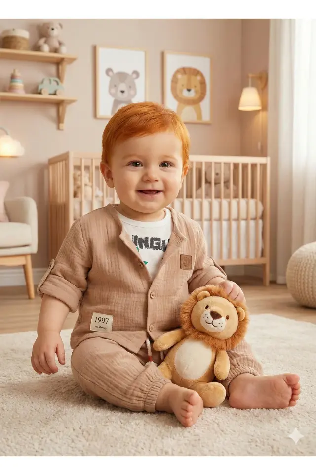 Zürafa Desenli 3'lü Erkek Bebek Takımı (9-12-18 Ay) - Uzun Kollu Gömlek+Tişört+Müslin Şort Set Seri - 989-Bej