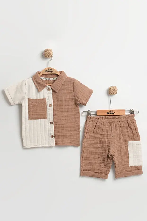 Cepli Gömlek+Şort Erkek Bebek Yazlık Takımı 9-12-18 Ay - Organik Müslin Kumaş  Seri -998-Kahverengi