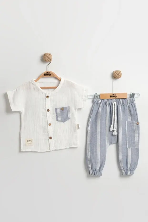 Pratik Cepli Çizgili Pantolonlu Bebek Yazlık Takım 9-12-18 Ay - Organik Müslin Kumaş Seri -988-Mavi