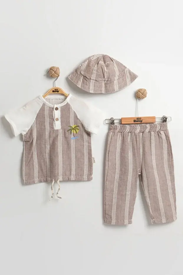 Şapkalı 3'lü Çizgili Bebek Takımı 9-12-18 Ay - Body+Şort+Şapka Müslin Set Seri - 999-Kahverengi