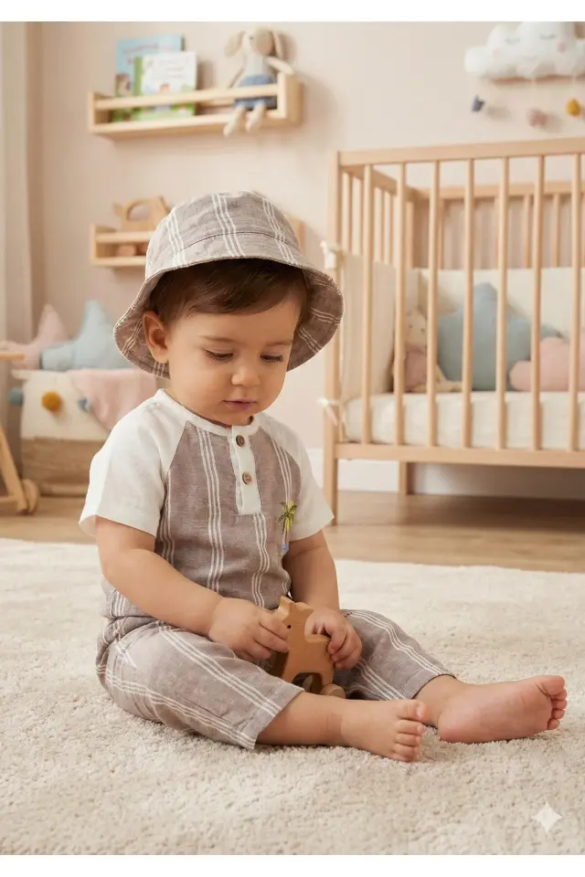 Şapkalı 3'lü Çizgili Bebek Takımı 9-12-18 Ay - Body+Şort+Şapka Müslin Set Seri - 999-Kahverengi