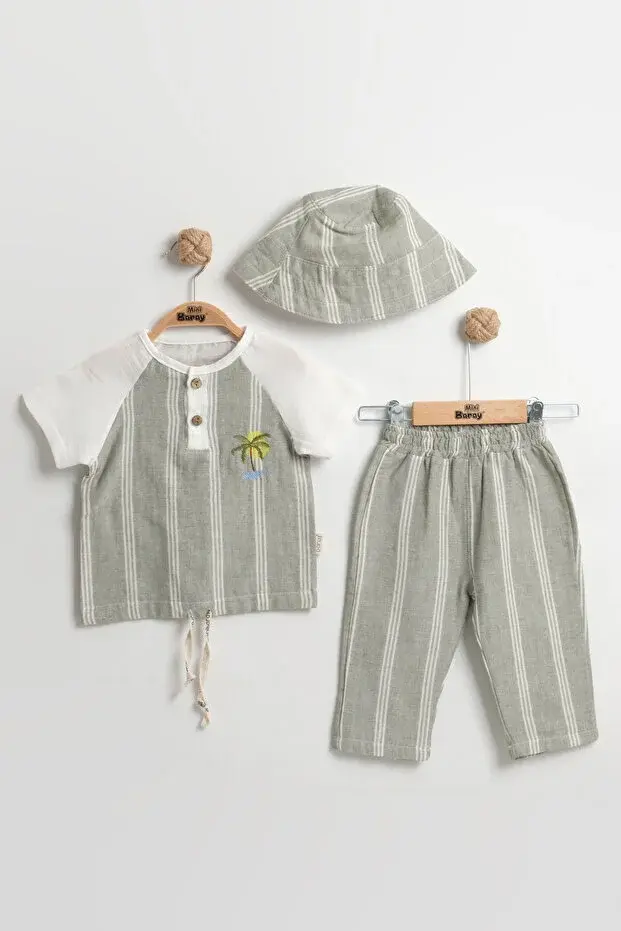 Şapkalı 3'lü Çizgili Bebek Takımı 9-12-18 Ay - Body+Şort+Şapka Müslin Set Seri - 999-Yeşil