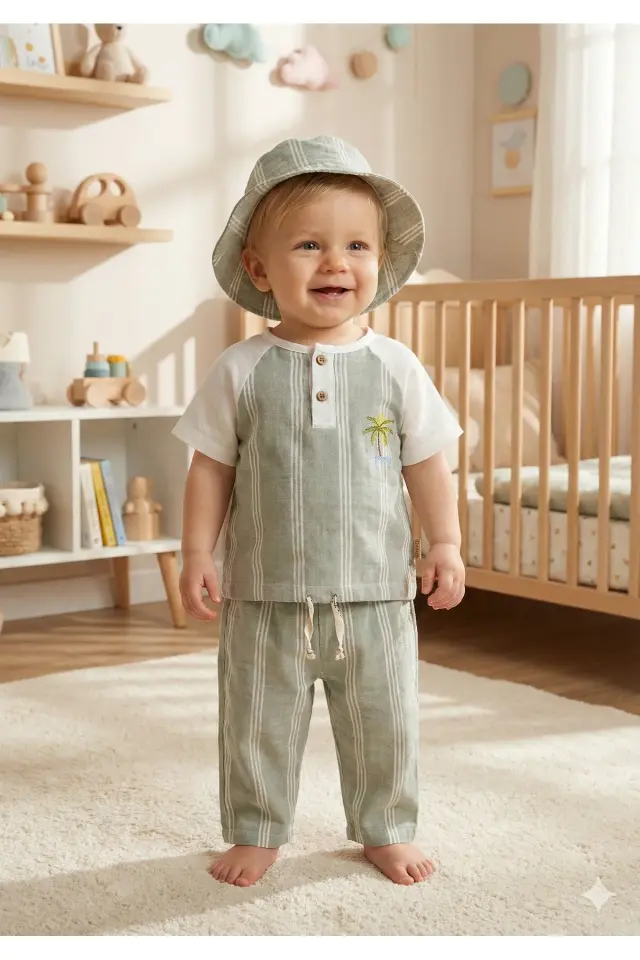 Şapkalı 3'lü Çizgili Bebek Takımı 9-12-18 Ay - Body+Şort+Şapka Müslin Set Seri - 999-Yeşil