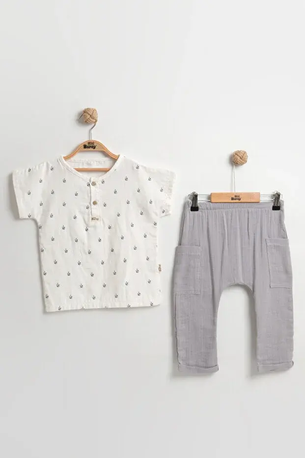 Doğal Başak Desenli Erkek Bebek Yazlık Takımı (9-12-18 Ay) - %100 Pamuk Müslin Kumaş-Gri