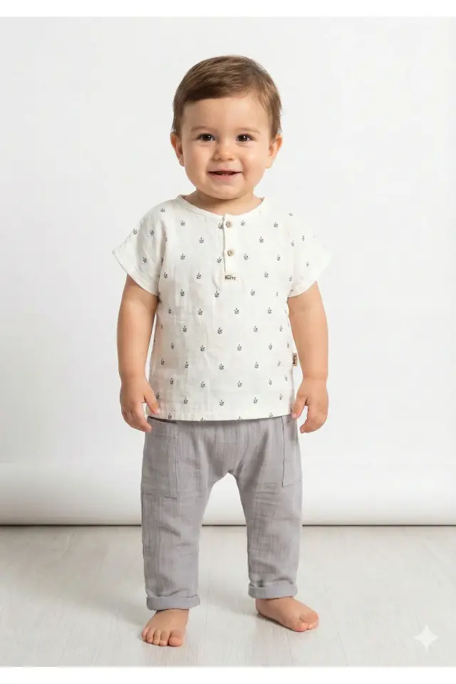 Doğal Başak Desenli Erkek Bebek Yazlık Takımı (9-12-18 Ay) - %100 Pamuk Müslin Kumaş-Gri