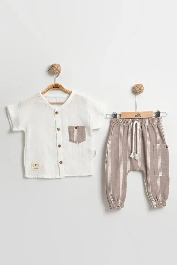 Pratik Cepli Çizgili Pantolonlu Bebek Yazlık Takım 9-12-18 Ay - Organik Müslin Kumaş Seri -988-Kahverengi
