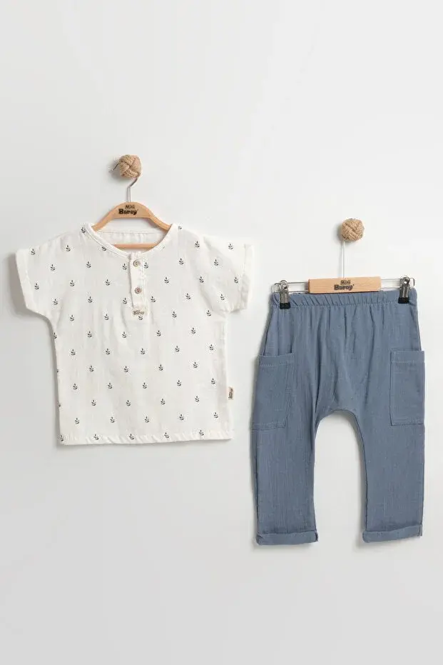 Doğal Başak Desenli Erkek Bebek Yazlık Takımı (9-12-18 Ay) - %100 Pamuk Müslin Kumaş-Mavi