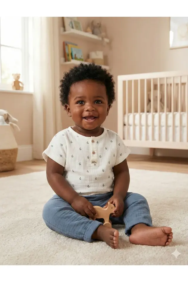 Doğal Başak Desenli Erkek Bebek Yazlık Takımı (9-12-18 Ay) - %100 Pamuk Müslin Kumaş-Mavi