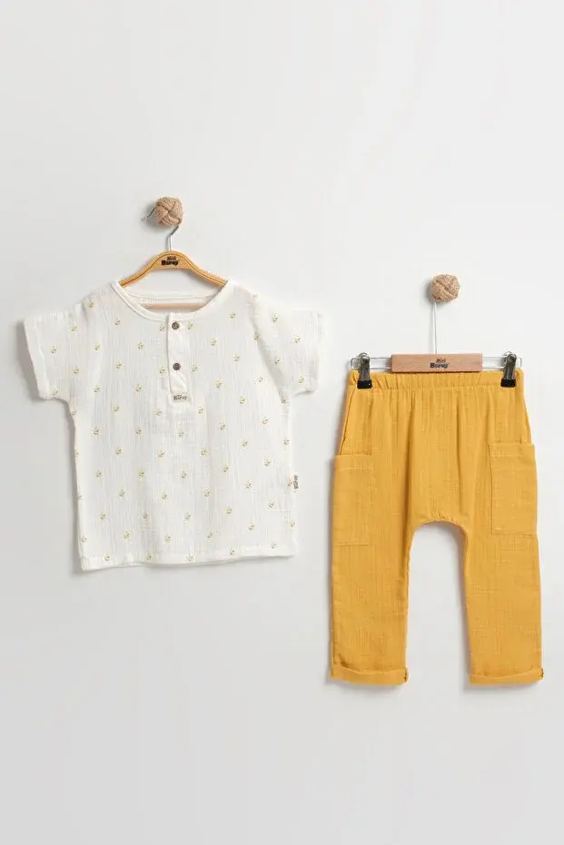 Doğal Başak Desenli Erkek Bebek Yazlık Takımı (9-12-18 Ay) - %100 Pamuk Müslin Kumaş-Sarı
