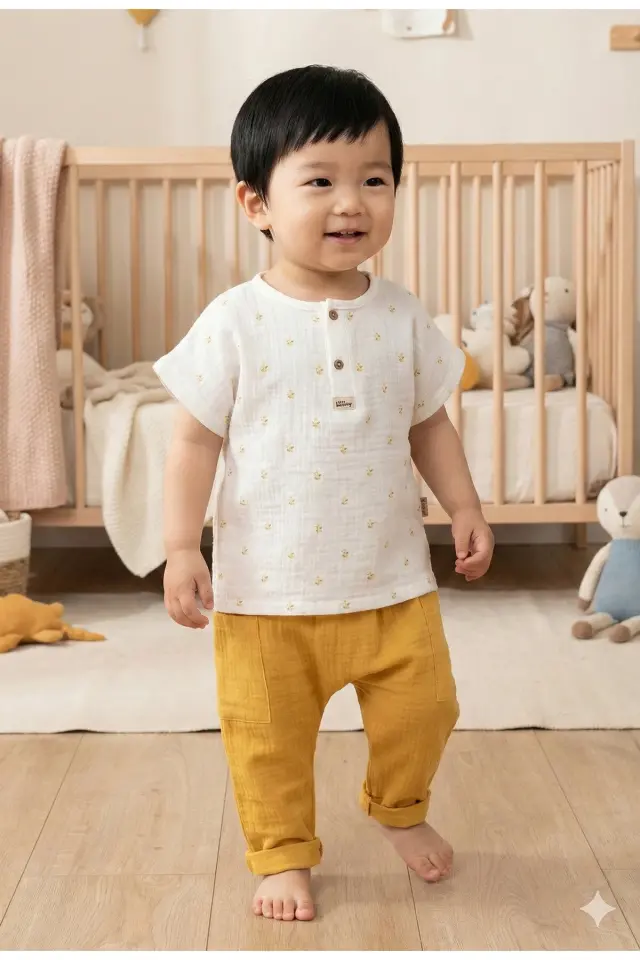 Doğal Başak Desenli Erkek Bebek Yazlık Takımı (9-12-18 Ay) - %100 Pamuk Müslin Kumaş-Sarı