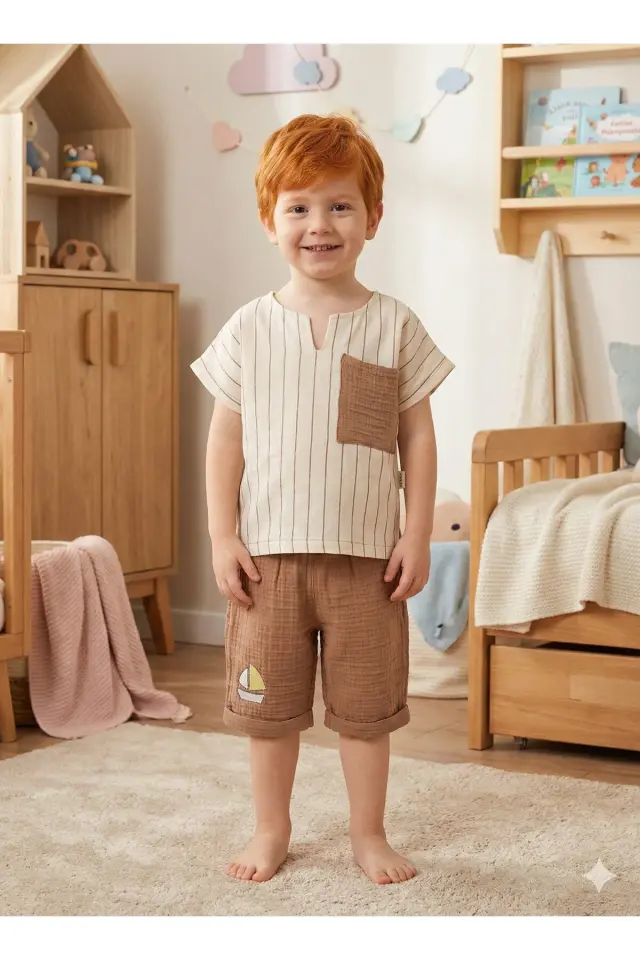 Çizgili Keten Gömlek+Şort Erkek Çocuk Yazlık Takımı (2-3-4-5 Yaş) - %100 Pamuk Müslin Kumaş Seri - 996-Kahverengi