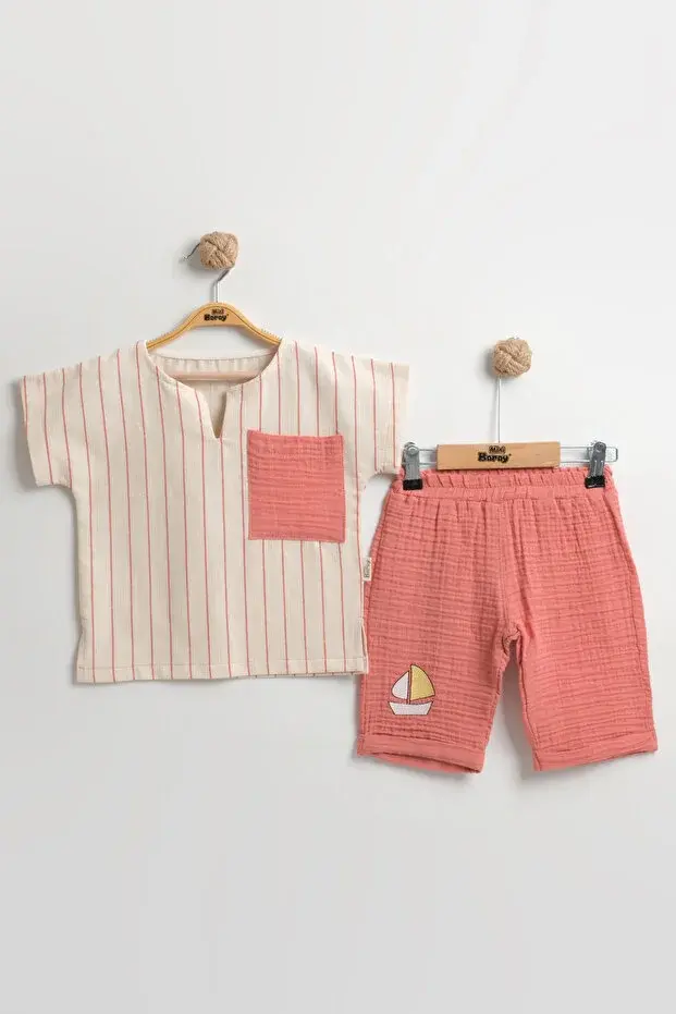 Çizgili Keten Gömlek+Şort Erkek Çocuk Yazlık Takımı (2-3-4-5 Yaş) - %100 Pamuk Müslin Kumaş Seri - 996-Pembe