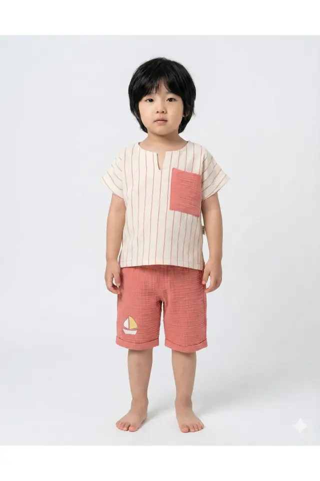 Çizgili Keten Gömlek+Şort Erkek Çocuk Yazlık Takımı (2-3-4-5 Yaş) - %100 Pamuk Müslin Kumaş Seri - 996-Pembe