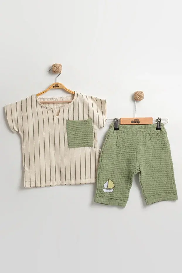 Çizgili Keten Gömlek+Şort Erkek Çocuk Yazlık Takımı (2-3-4-5 Yaş) - %100 Pamuk Müslin Kumaş Seri - 996-Yeşil