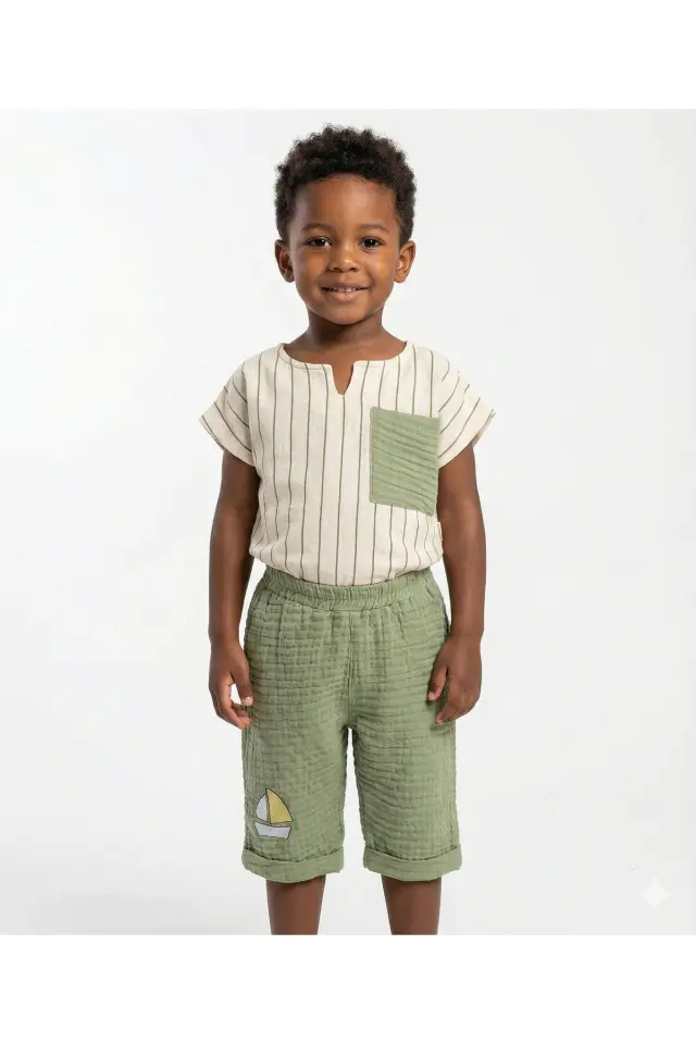 Çizgili Keten Gömlek+Şort Erkek Çocuk Yazlık Takımı (2-3-4-5 Yaş) - %100 Pamuk Müslin Kumaş Seri - 996-Yeşil
