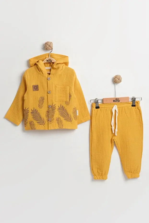 Doğal Yaprak Baskılı Uzun Kollu Bebek Gömlek Takımı 9-12-18 Ay - %100 Pamuk Müslin Yazlık Set Seri -990-Sarı