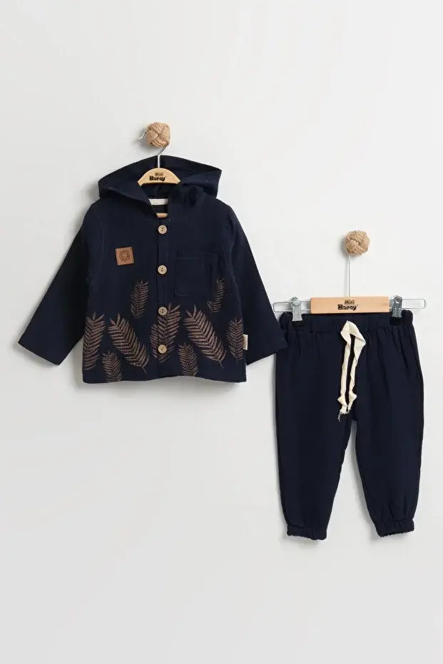 Doğal Yaprak Baskılı Uzun Kollu Bebek Gömlek Takımı 9-12-18 Ay - %100 Pamuk Müslin Yazlık Set Seri -990-Siyah