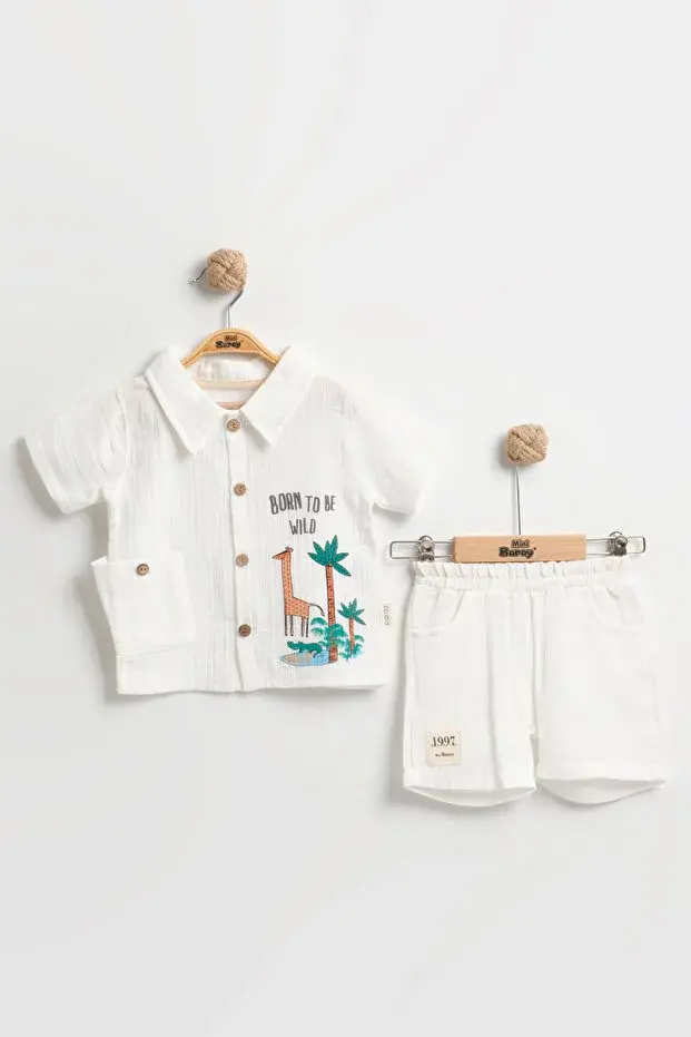 Organik %100 Pamuk Zürafa Baskılı Cepli Erkek Bebek Yazlık Takımı (9-12-18 Ay) - Müslin Kumaş 984-Beyaz