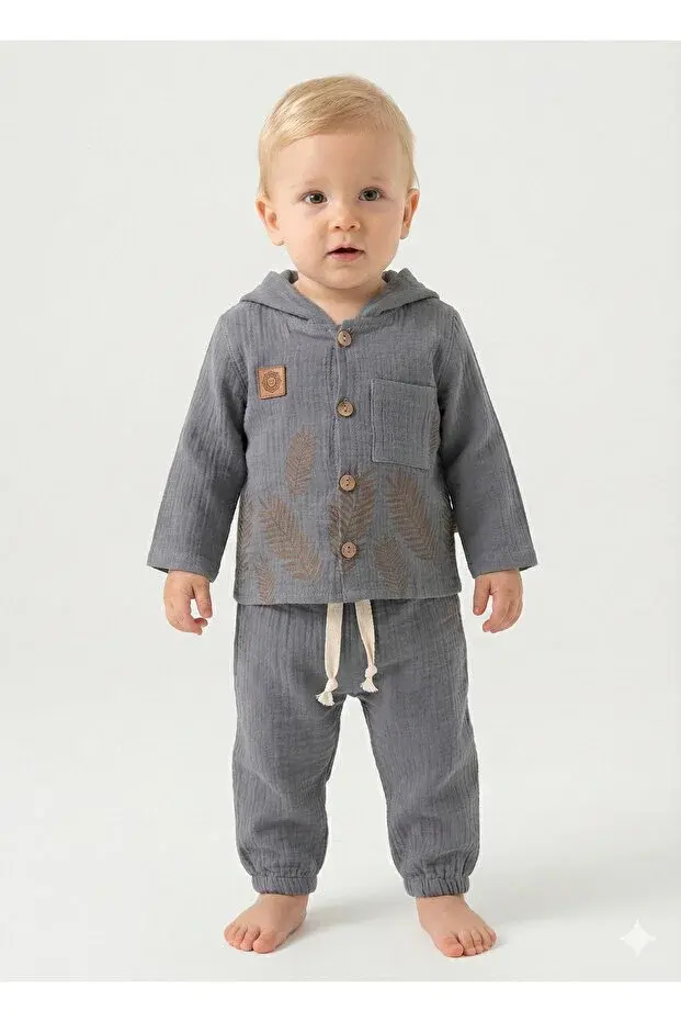 Doğal Yaprak Baskılı Uzun Kollu Bebek Gömlek Takımı 9-12-18 Ay - %100 Pamuk Müslin Yazlık Set Seri -990-Gri