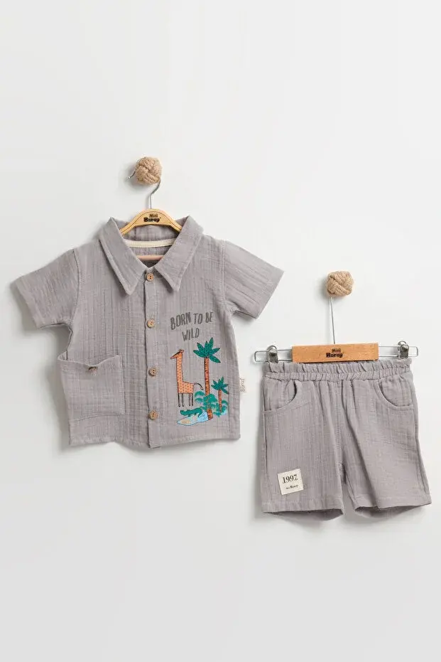 Organik %100 Pamuk Zürafa Baskılı Cepli Erkek Bebek Yazlık Takımı (9-12-18 Ay) - Müslin Kumaş 984-Gri