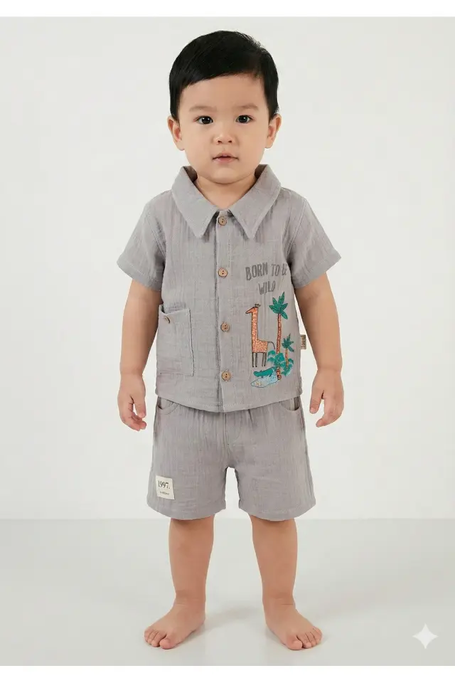 Organik %100 Pamuk Zürafa Baskılı Cepli Erkek Bebek Yazlık Takımı (9-12-18 Ay) - Müslin Kumaş 984-Gri