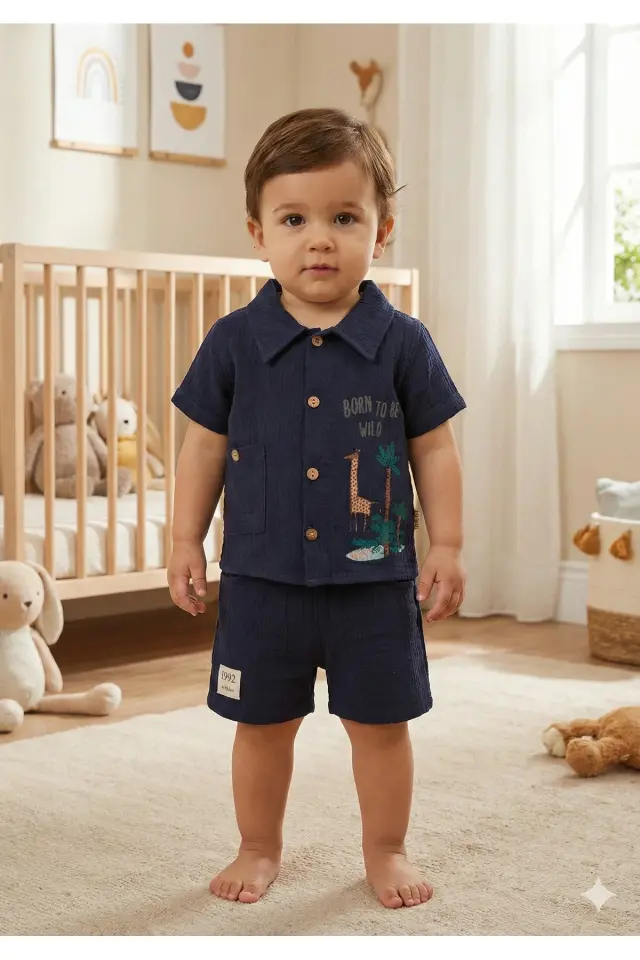 Organik %100 Pamuk Zürafa Baskılı Cepli Erkek Bebek Yazlık Takımı (9-12-18 Ay) - Müslin Kumaş 984-Siyah